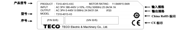 東元變頻器T310銘牌說明